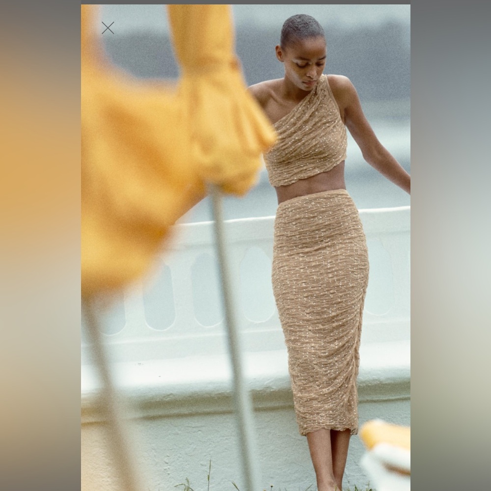Zara Shiny Lace Asymmetric Crop Top & Midi Skirt Set- Mid- Camel